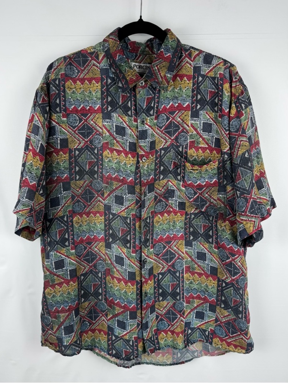 Men's Vintage Short-Sleeve Silk Geometric Print Shirt - Multicolor